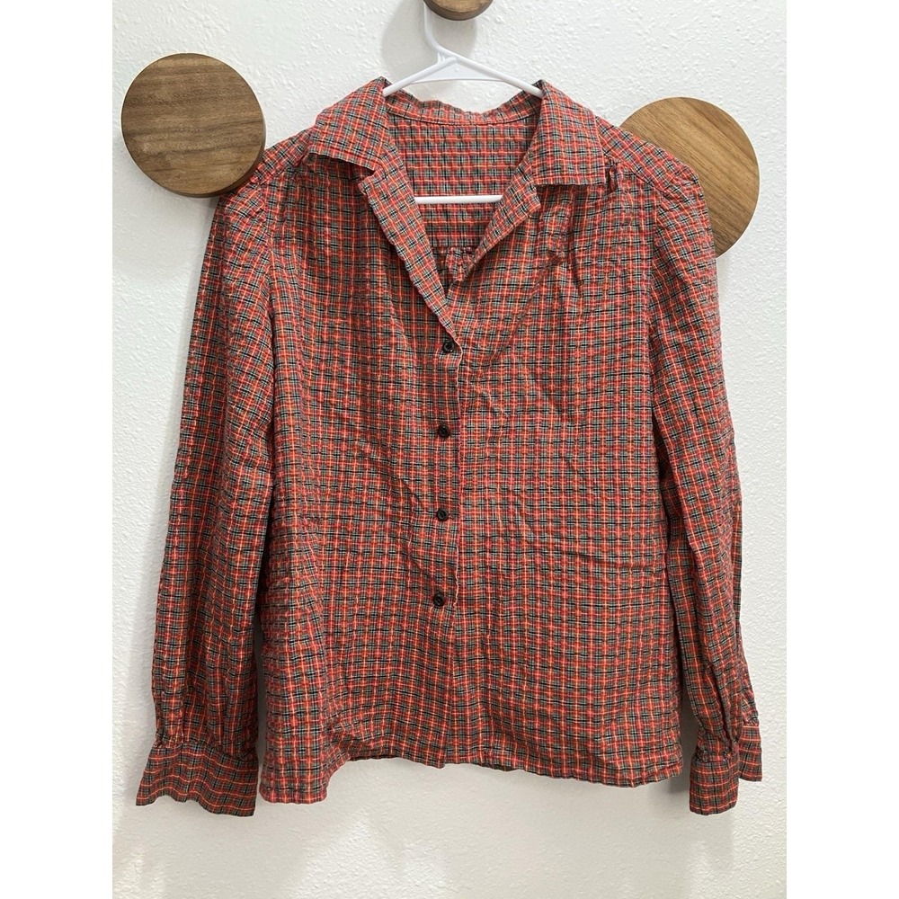 Vintage Red‎ Plaid Button Front Shirt Sz L Long Sleeve Retro Holiday Christmas